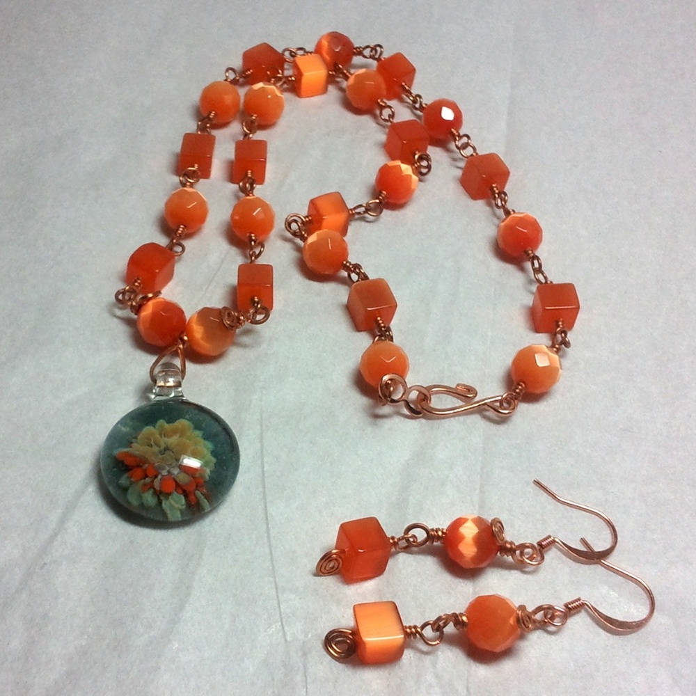 Copper Wire Wrapped Orange Necklace Set